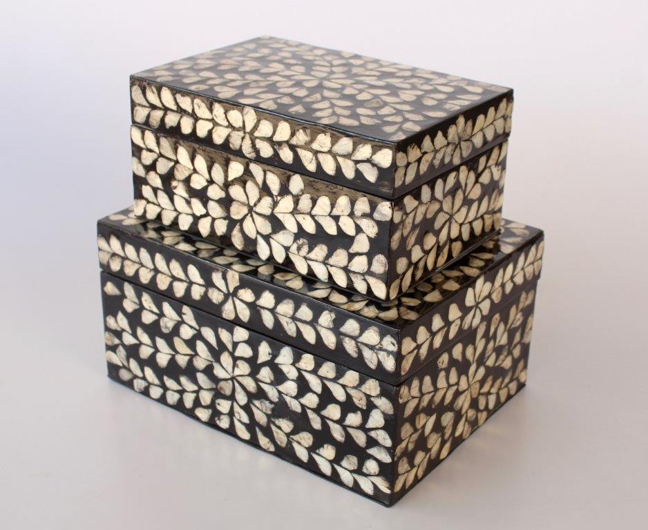 Set Of 2 Black & Silver Leaf Capiz Boxes